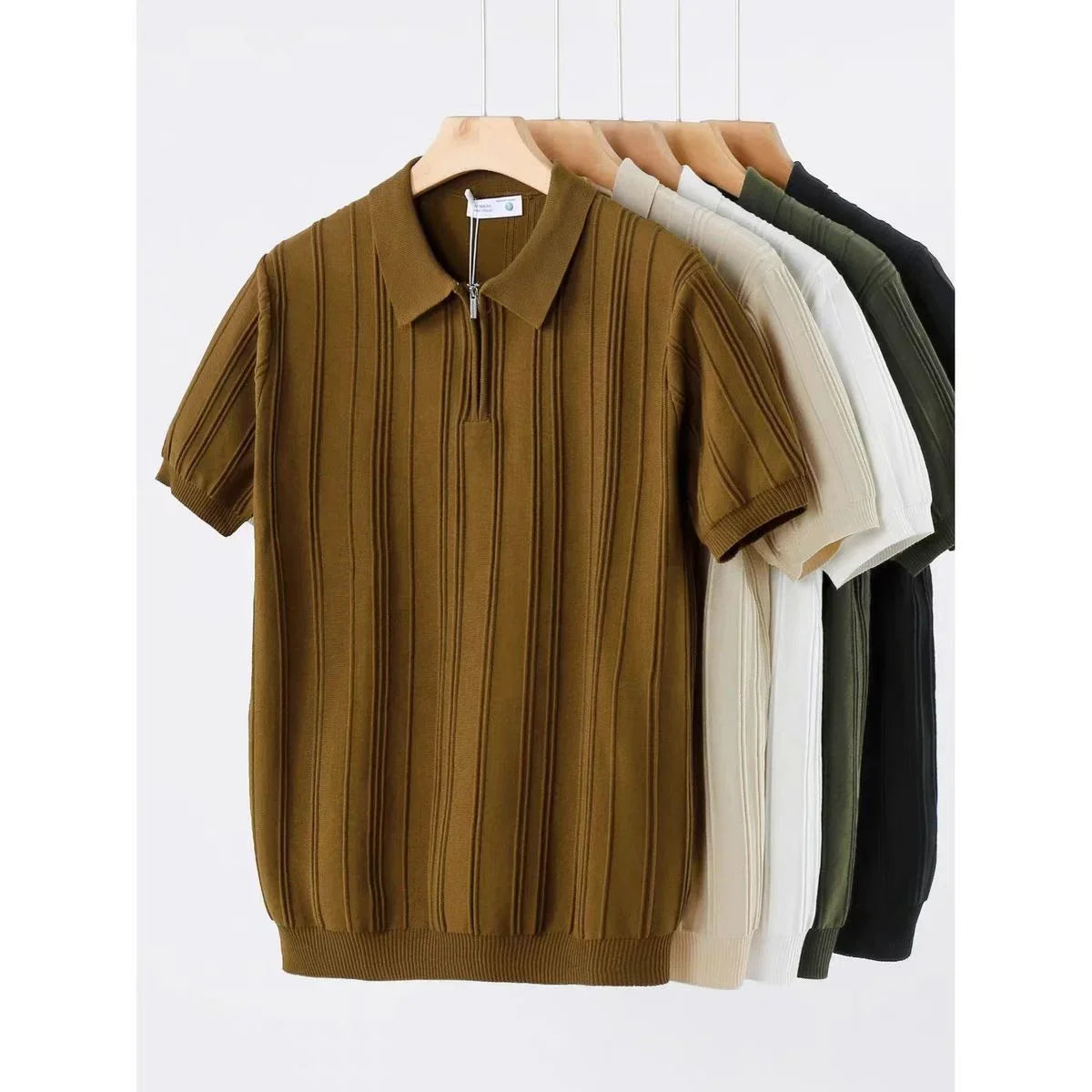 Vertical Knitted Short-sleeved Half-zip Polo Shirt for Men, High-end Summer Korean Version Slim and Simple Breathable Polo Shirt