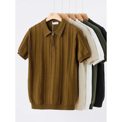 Vertical Knitted Short-sleeved Half-zip Polo Shirt for Men, High-end Summer Korean Version Slim and Simple Breathable Polo Shirt
