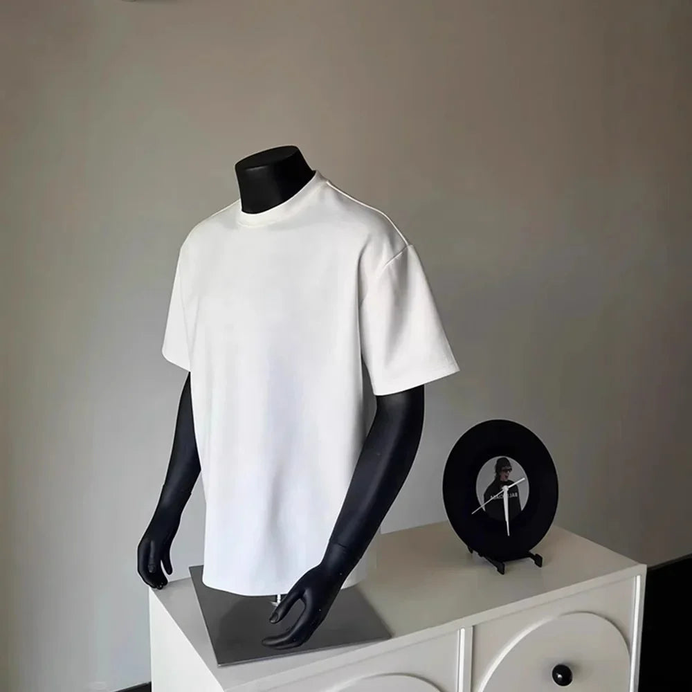 Luxury Men's Oversized Heavyweight T-Shirt Thick Mock Neck Boxy Drop Shoulder Loose T-Shirt