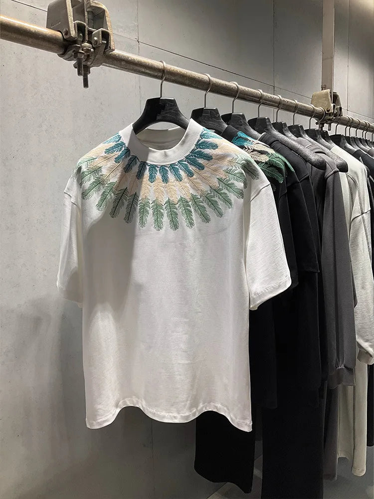 Summer Men's Retro Embroidered T-Shirt Short Sleeved Loose Casual Heavyweight High Street Style American T-shirt