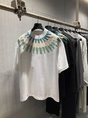 Summer Men's Retro Embroidered T-Shirt Short Sleeved Loose Casual Heavyweight High Street Style American T-shirt
