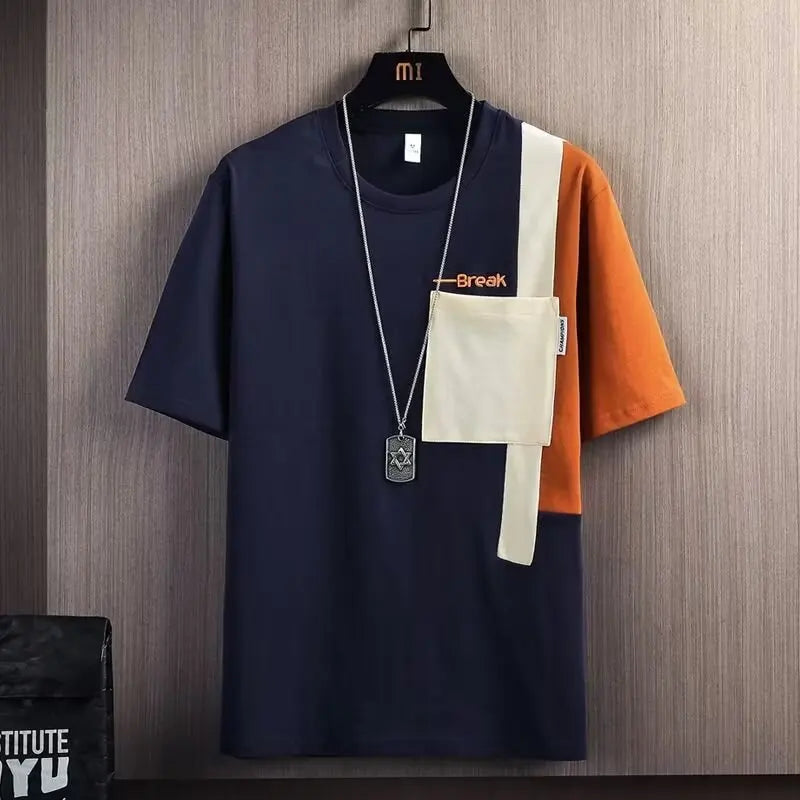 Summer Men's Design Sense Short-sleeved T-shirt Stitching Hong Kong Style Contrast Color Half-sleeved Top Casual Men's Clothes