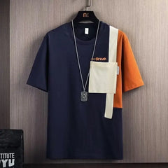 Summer Men's Design Sense Short-sleeved T-shirt Stitching Hong Kong Style Contrast Color Half-sleeved Top Casual Men's Clothes