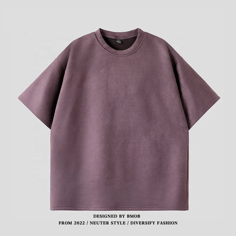 Suede Heavy Short Sleeve Men's Summer New Arrival American Style Retro Large Size Men's T-Shirt Suede Loose T-Shirt