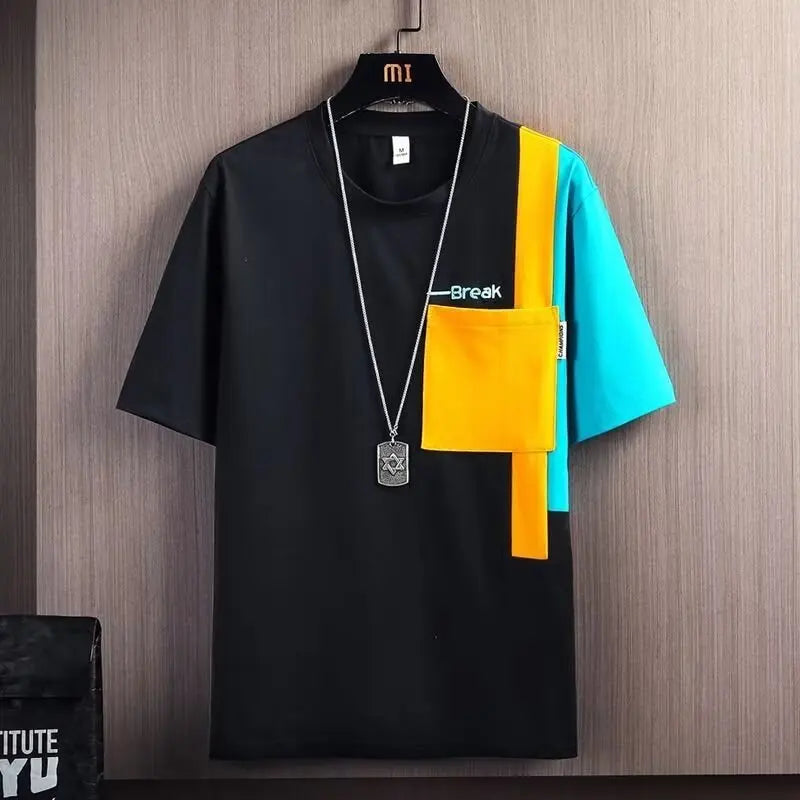 Summer Men's Design Sense Short-sleeved T-shirt Stitching Hong Kong Style Contrast Color Half-sleeved Top Casual Men's Clothes