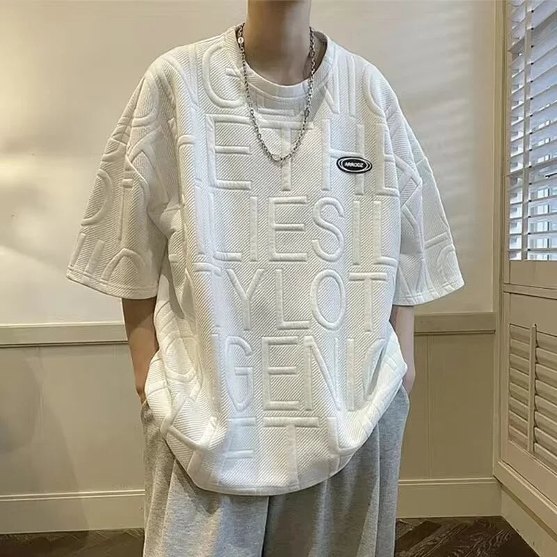 Design Sense Niche Men's Summer T-Shirt New Style Short-Sleeved Loose Fit Solid Three-Dimensional Waffle Top