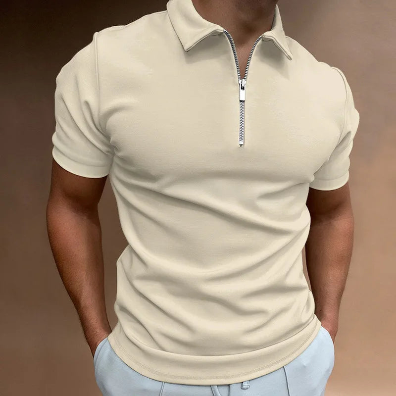 Men's Fashion Solid Color Short Sleeve Zipper Slim Fit Casual T-shirt