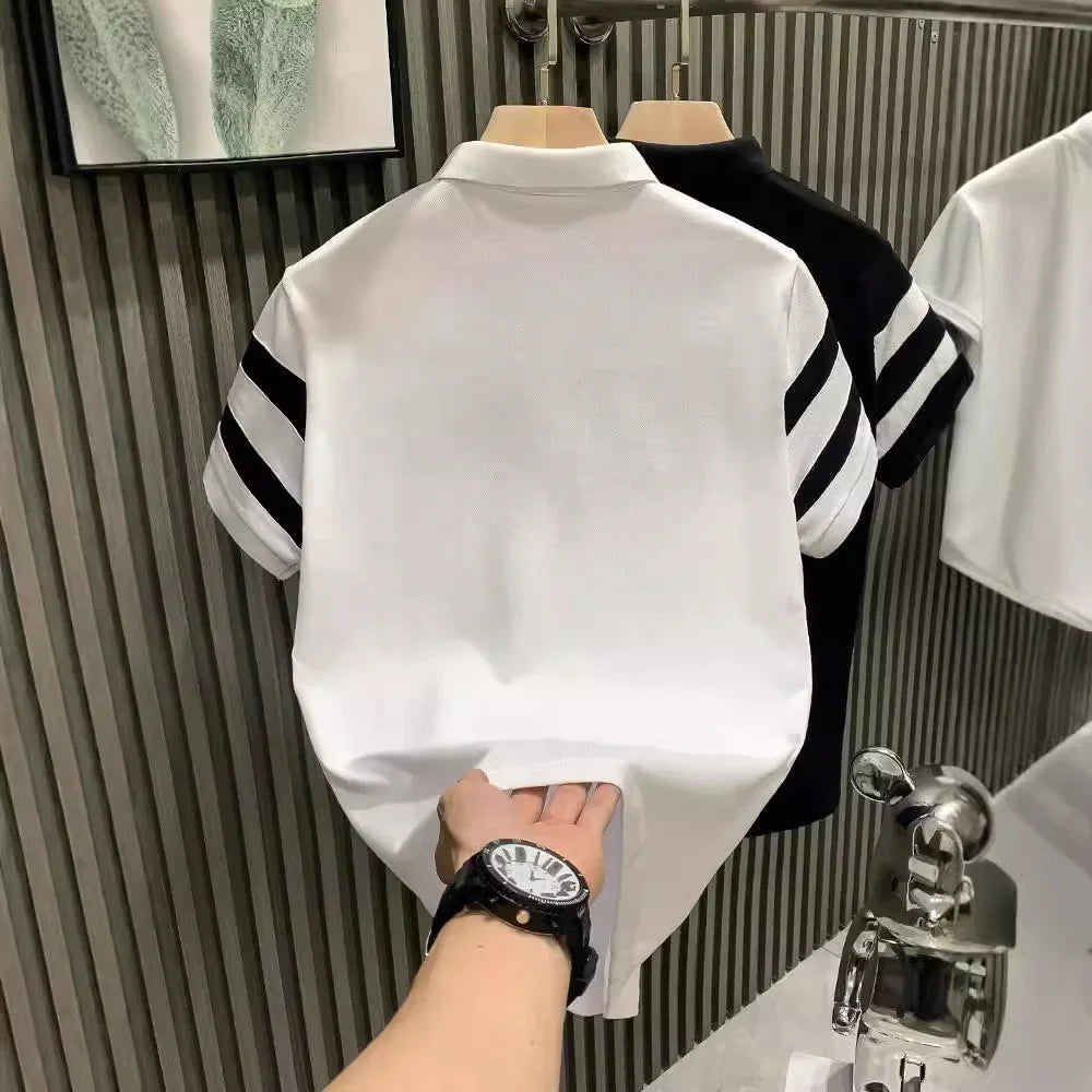 Black & White Striped Collar Polo Shirt - Luxury Men's Short Sleeve Trendy Brand Fashion Versatile Top