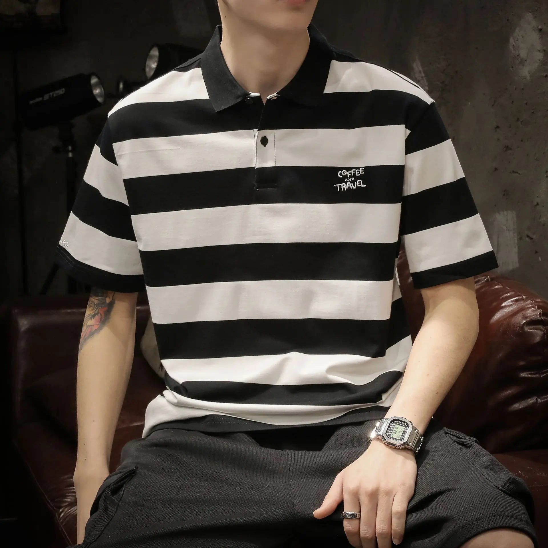New American-style Black & White Striped Polo Shirt - Men's Relaxed Fit Short Sleeve Lapel Summer Top
