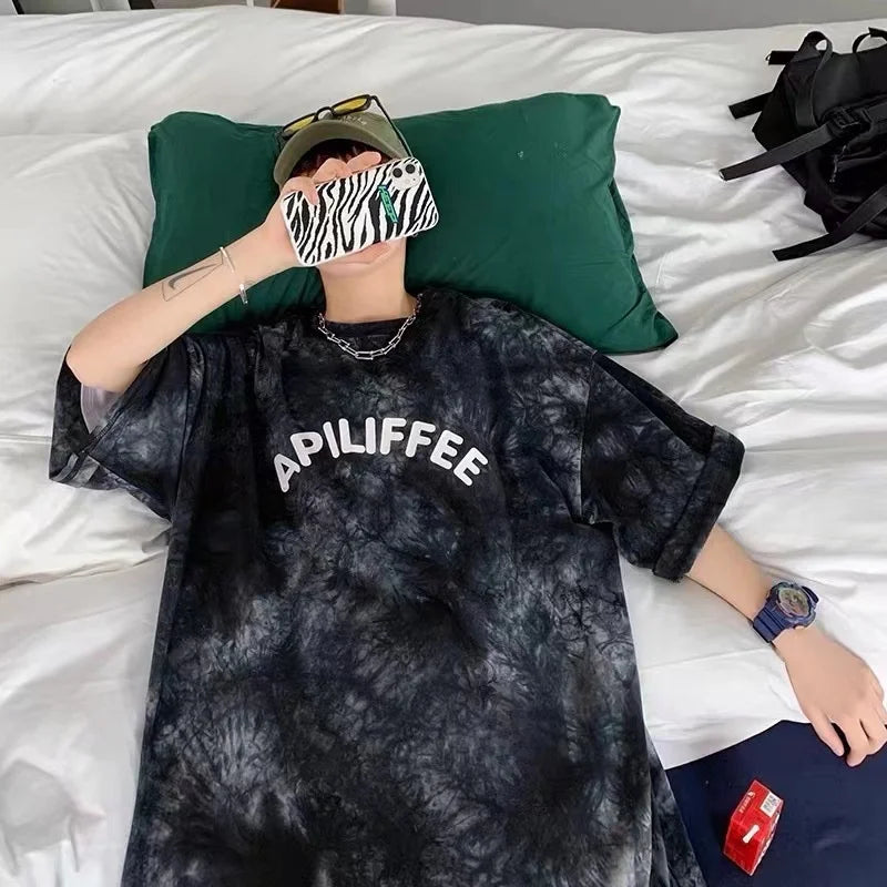 American Tie-Dye Short-Sleeved T-Shirt Men's Summer Ins New Loose Half-Sleeved T-Shirt for Teenagers