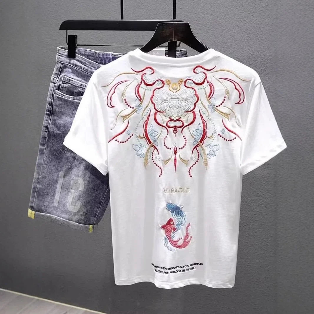 Summer New National Fashion Ethnic Style Embroidered Short-sleeved T-shirt Men's Casual Round Neck All-match Base T-shirt