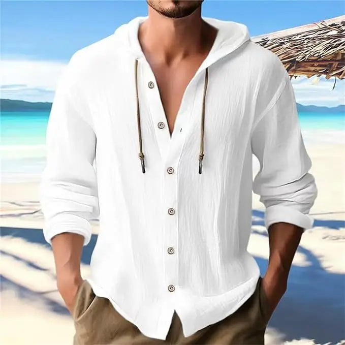 New Spring and Summer Men's Hooded T-shirt Solid Linen Men's Casual Long-sleeved T-shirt Top