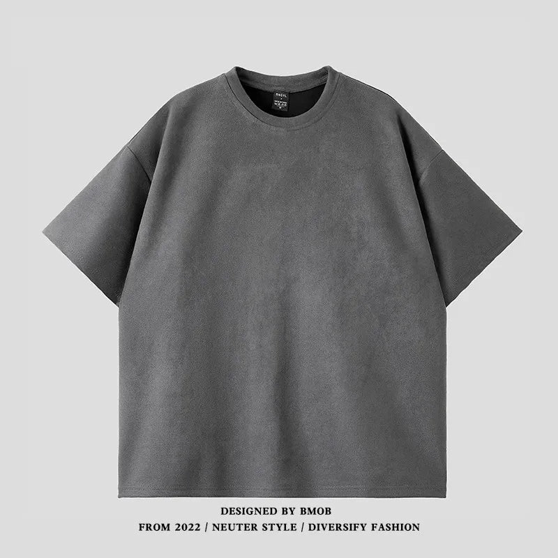 Suede Heavy Short Sleeve Men's Summer New Arrival American Style Retro Large Size Men's T-Shirt Suede Loose T-Shirt