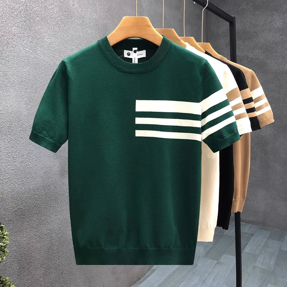 Men's New Summer Short-Sleeve Striped Minimalist Business Smart-Casual Slim-Fit Ice Silk T-Shirt