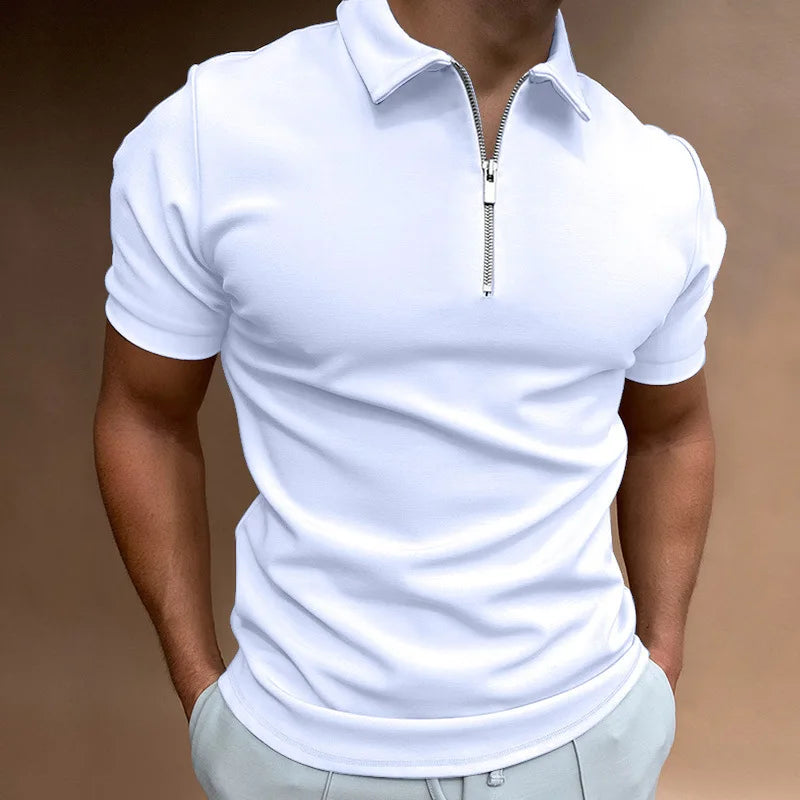 Men's Fashion Solid Color Short Sleeve Zipper Slim Fit Casual T-shirt