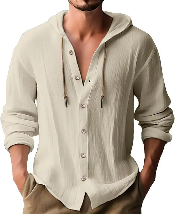 New Spring and Summer Men's Hooded T-shirt Solid Linen Men's Casual Long-sleeved T-shirt Top