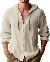 New Spring and Summer Men's Hooded T-shirt Solid Linen Men's Casual Long-sleeved T-shirt Top