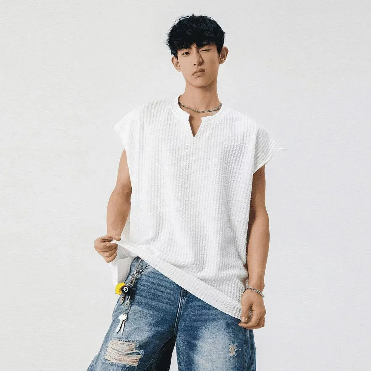 Textured V-neck Vest, Men's Summer New Quick-drying Sport Waistcoat, Wide-shoulder Sleeveless T-shirt