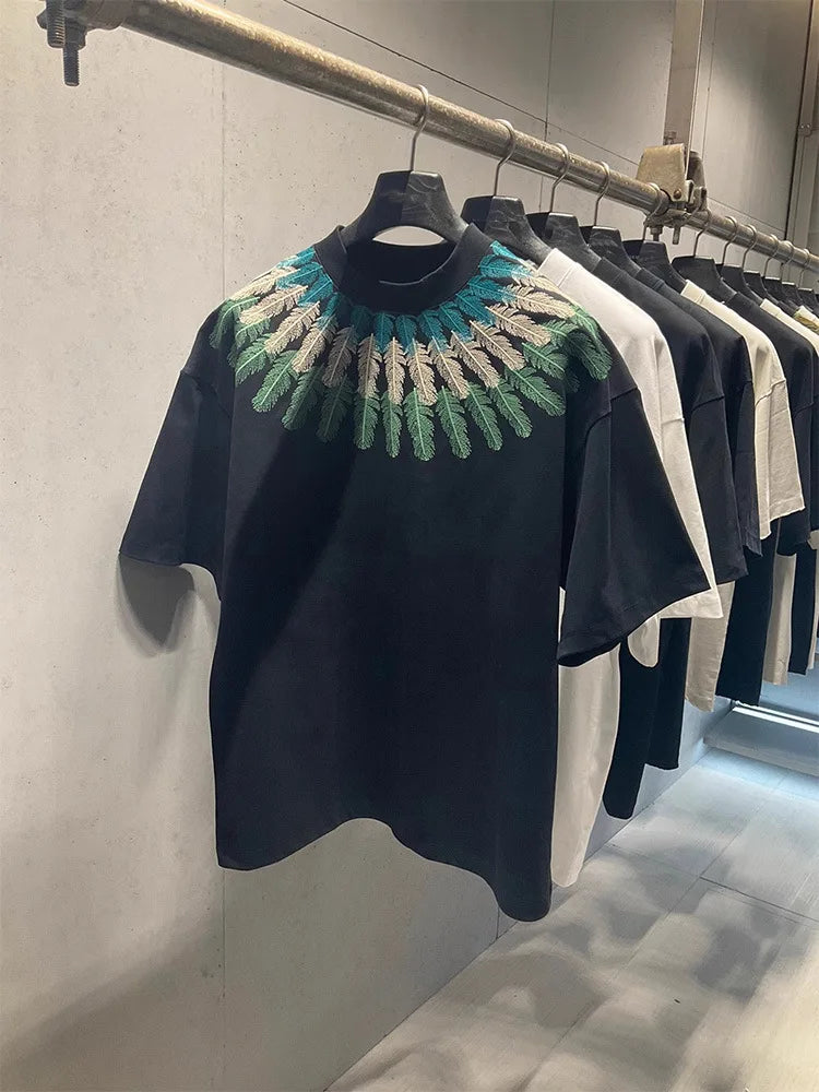 Summer Men's Retro Embroidered T-Shirt Short Sleeved Loose Casual Heavyweight High Street Style American T-shirt