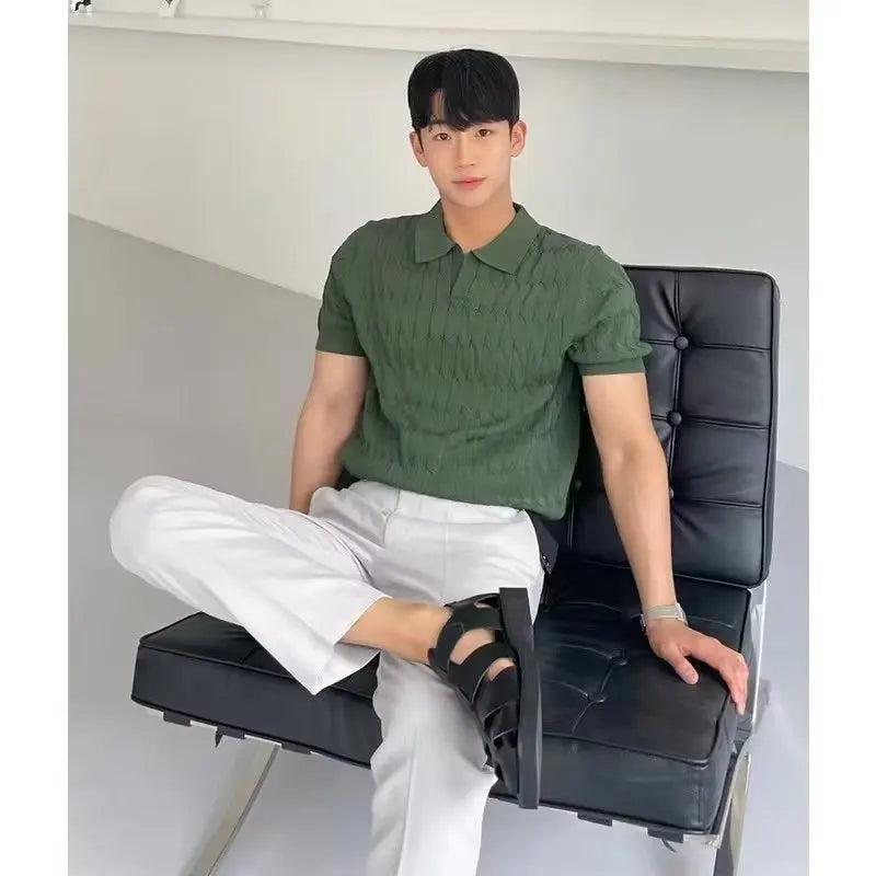Summer Men's Knitted Short-sleeved Polo Shirt Korean Style Slim-fit Solid Color Ice Silk Casual Lasel Half-sleeved T-shirt