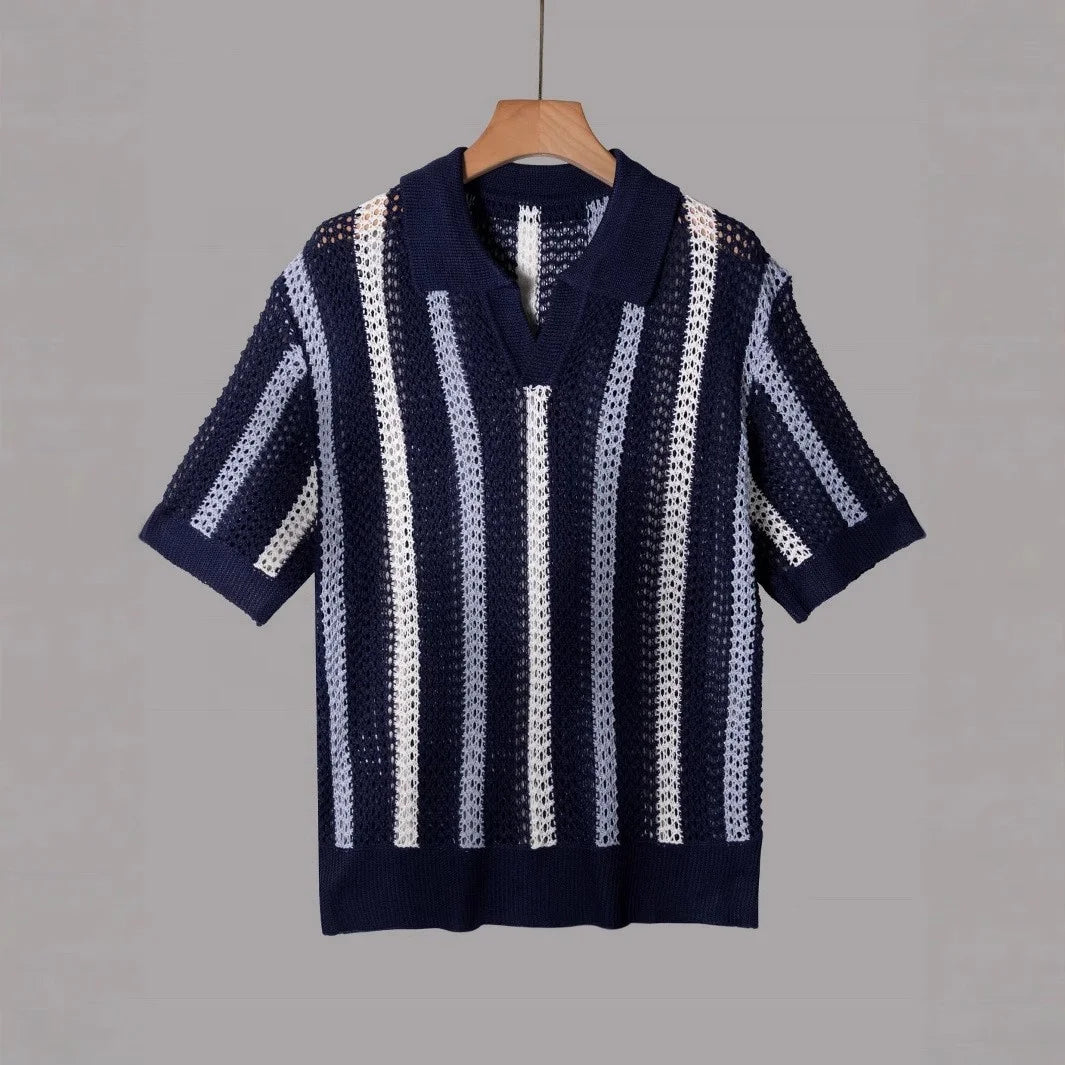 Men's Summer Short-Sleeve Minimalist Designer Geometric Color-Block Striped Crew Neck Knit Top