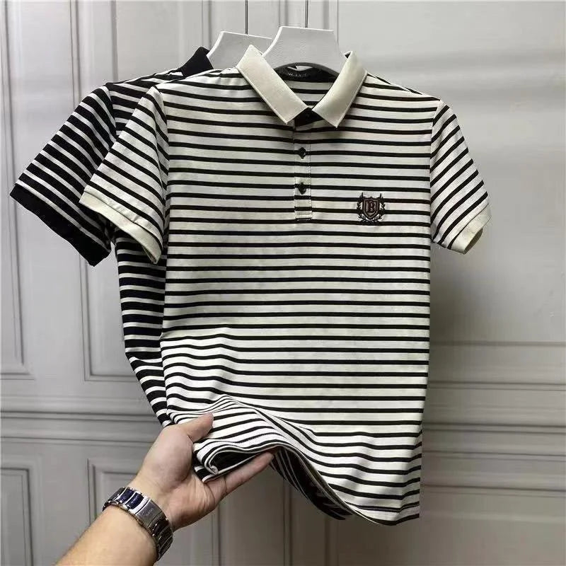 Summer Men's Striped Embroidered Polo Shirt European American Trendy Lapel Short Sleeve Top Plus Size T-shirt