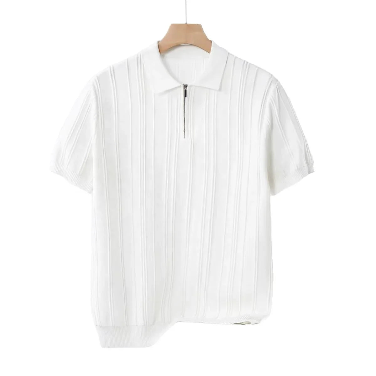 Vertical Knitted Short-sleeved Half-zip Polo Shirt for Men, High-end Summer Korean Version Slim and Simple Breathable Polo Shirt