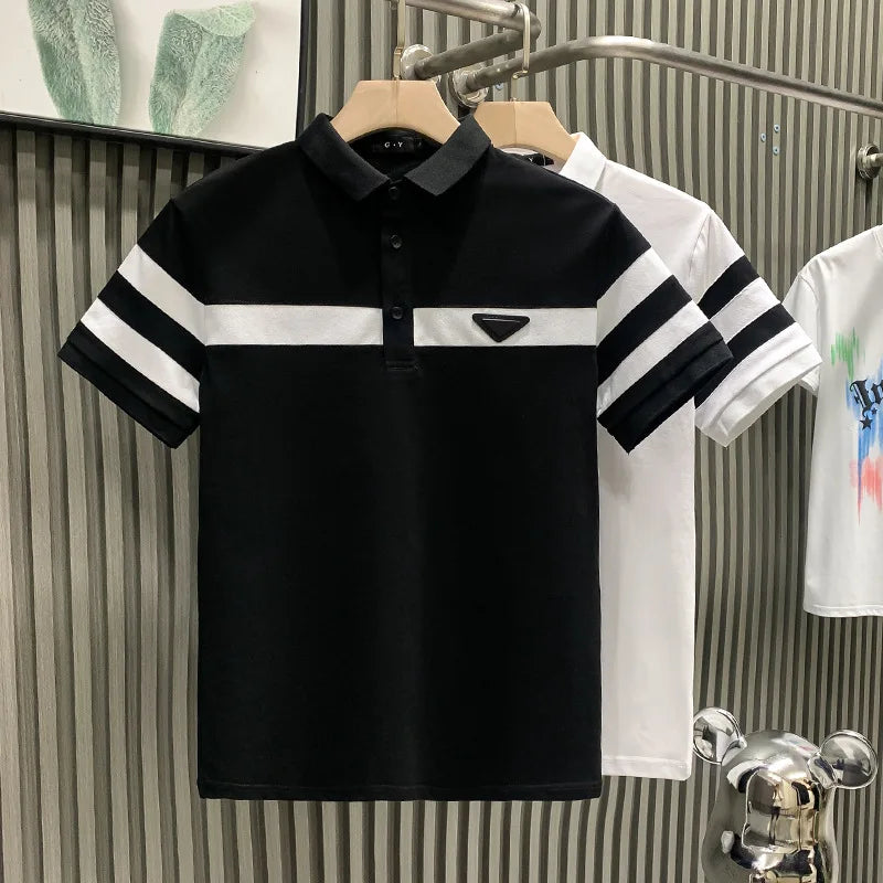 Black & White Striped Collar Polo Shirt - Luxury Men's Short Sleeve Trendy Brand Fashion Versatile Top