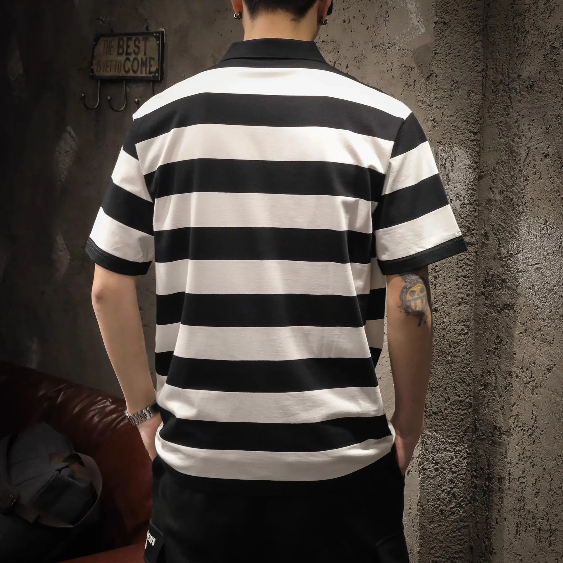 New American-style Black & White Striped Polo Shirt - Men's Relaxed Fit Short Sleeve Lapel Summer Top