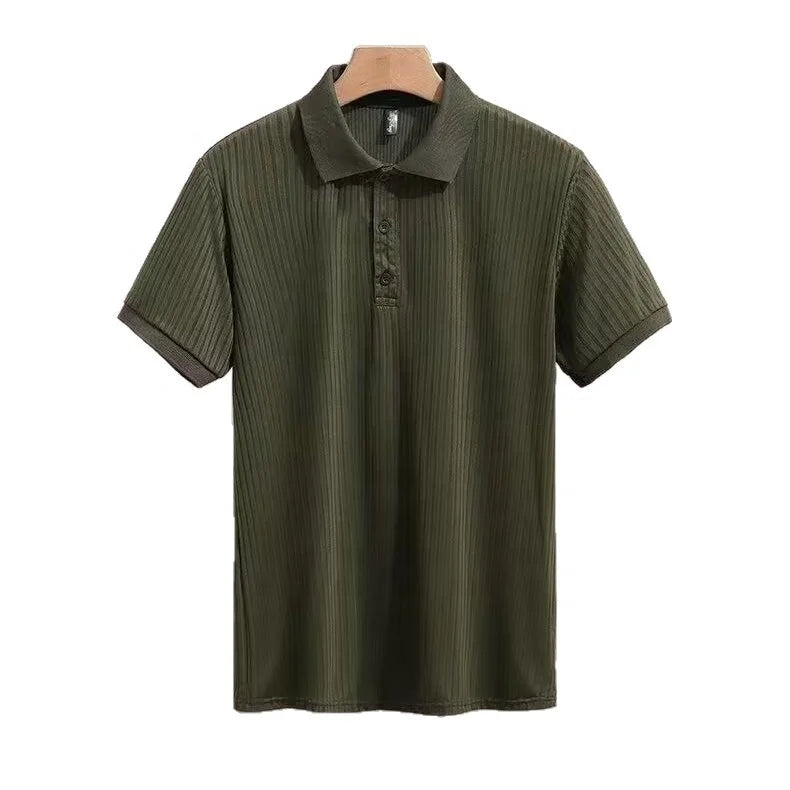 High Quality Men's Short Sleeve Polo Shirts Quick Dry Stripe Prints with Button Decoration Quality Polyester Fabric for Men
