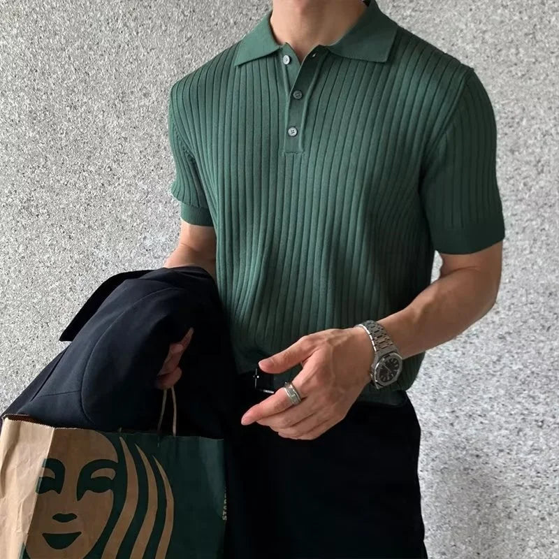 Men's New Trendy Korean-Style Knitted Short-Sleeve T-Shirt - Collared Polo Shirt with Textured Details Casual Summer T-Shirt