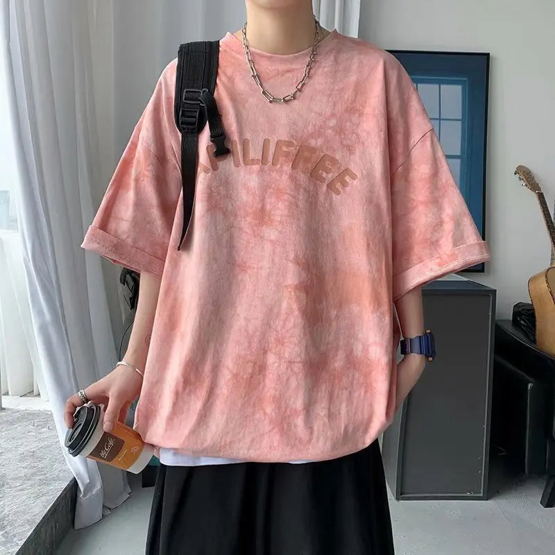 American Tie-Dye Short-Sleeved T-Shirt Men's Summer Ins New Loose Half-Sleeved T-Shirt for Teenagers