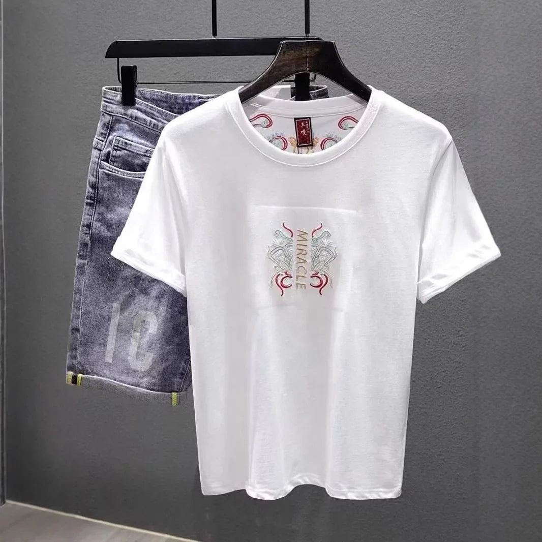 Summer New National Fashion Ethnic Style Embroidered Short-sleeved T-shirt Men's Casual Round Neck All-match Base T-shirt
