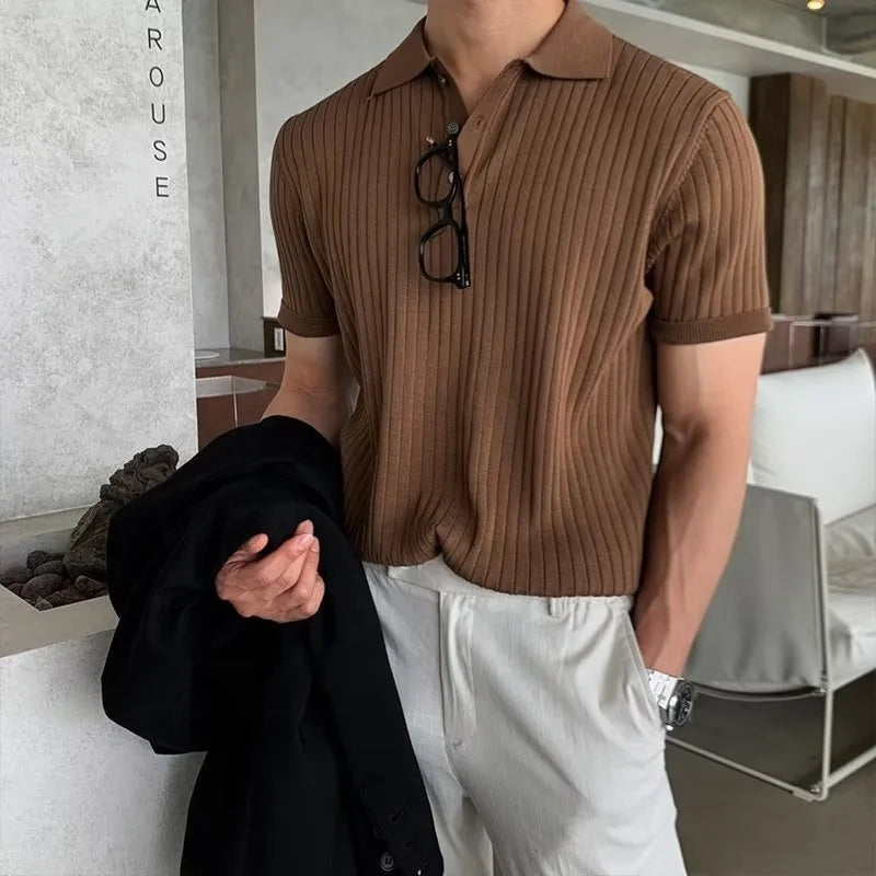 Men's New Trendy Korean-Style Knitted Short-Sleeve T-Shirt - Collared Polo Shirt with Textured Details Casual Summer T-Shirt