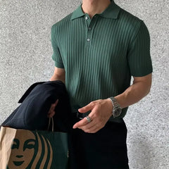 Men's New Trendy Korean-Style Knitted Short-Sleeve T-Shirt - Collared Polo Shirt with Textured Details Casual Summer T-Shirt