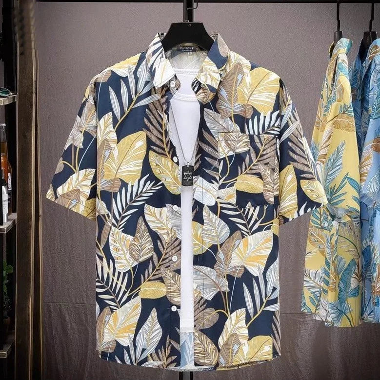 New Arrival Floral Shirt Men's Short-Sleeved Summer Puffy Handsome Hawaiian Thin Retro Beach Shirt T-Shirt