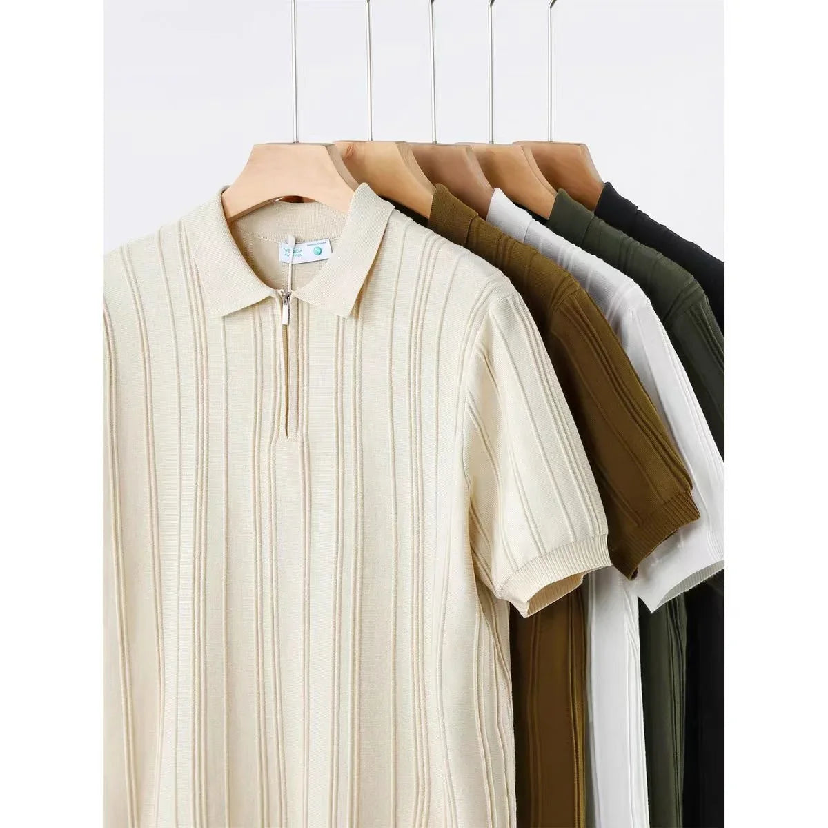 Vertical Knitted Short-sleeved Half-zip Polo Shirt for Men, High-end Summer Korean Version Slim and Simple Breathable Polo Shirt