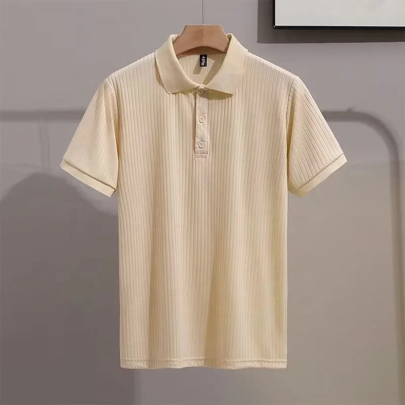 High Quality Men's Short Sleeve Polo Shirts Quick Dry Stripe Prints with Button Decoration Quality Polyester Fabric for Men
