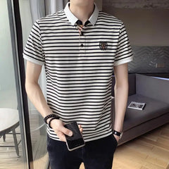 Summer Men's Striped Embroidered Polo Shirt European American Trendy Lapel Short Sleeve Top Plus Size T-shirt