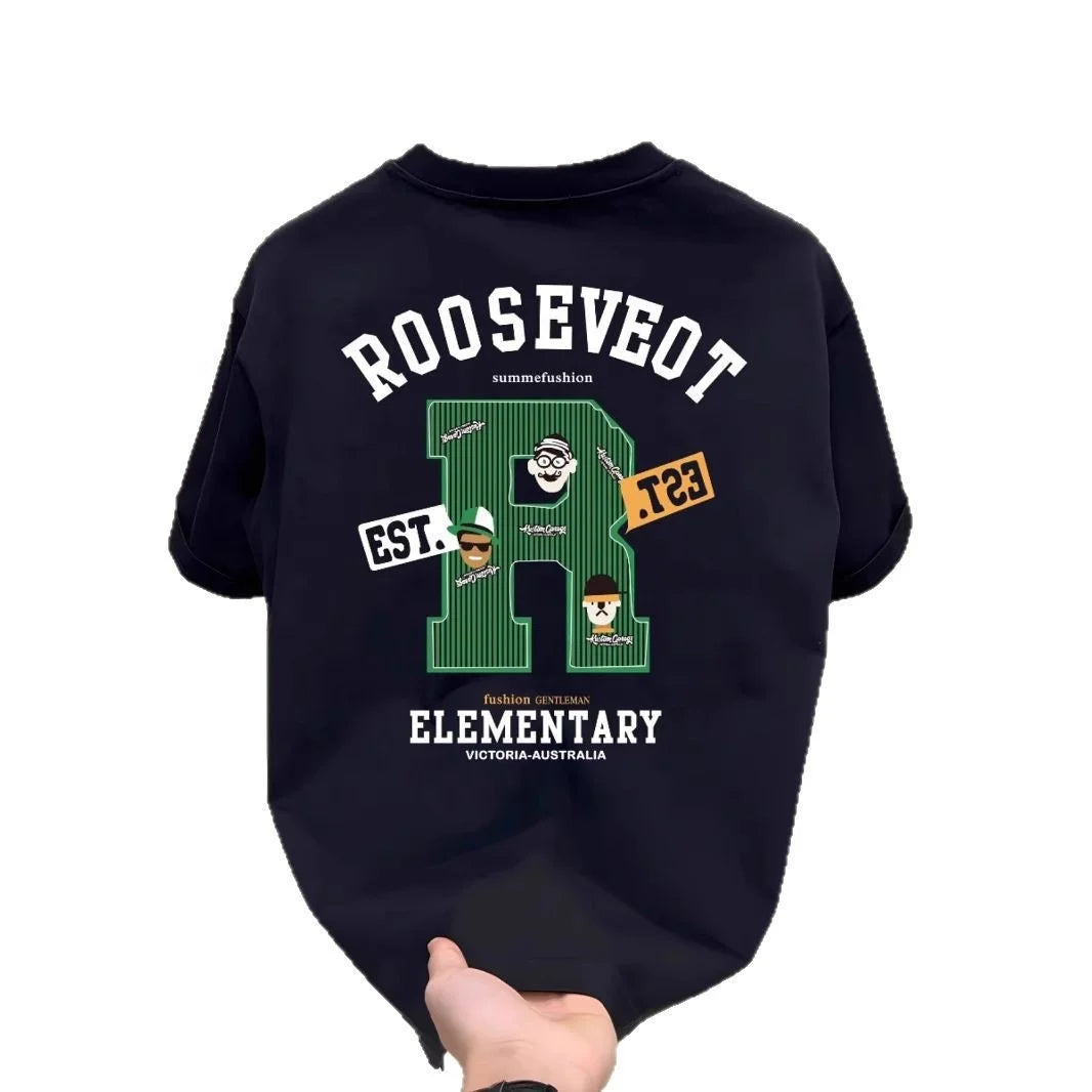 Cotton New Fashionable Men's Letter R Printed Casual Short-sleeved Top Heavy Cotton Round Neck Slim Fit T-shirt