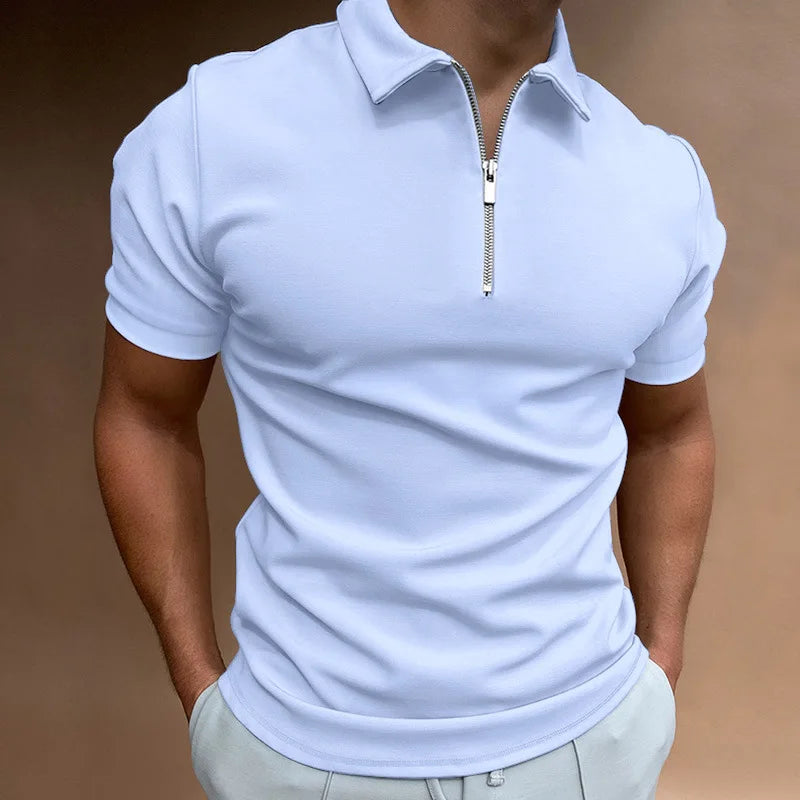 Men's Fashion Solid Color Short Sleeve Zipper Slim Fit Casual T-shirt