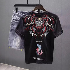 Summer New National Fashion Ethnic Style Embroidered Short-sleeved T-shirt Men's Casual Round Neck All-match Base T-shirt