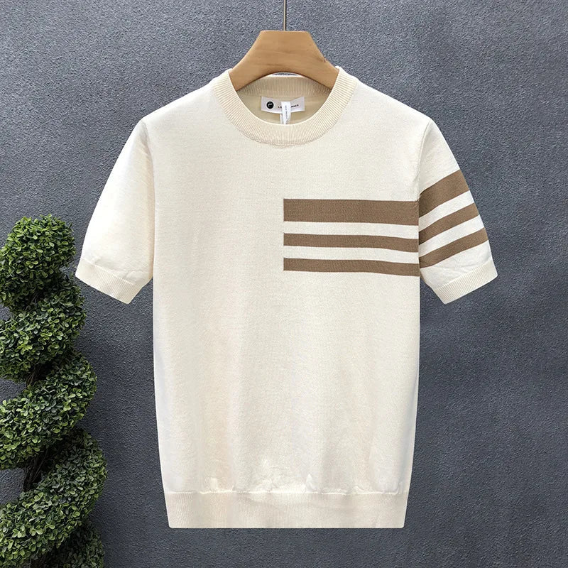 Men's New Summer Short-Sleeve Striped Minimalist Business Smart-Casual Slim-Fit Ice Silk T-Shirt