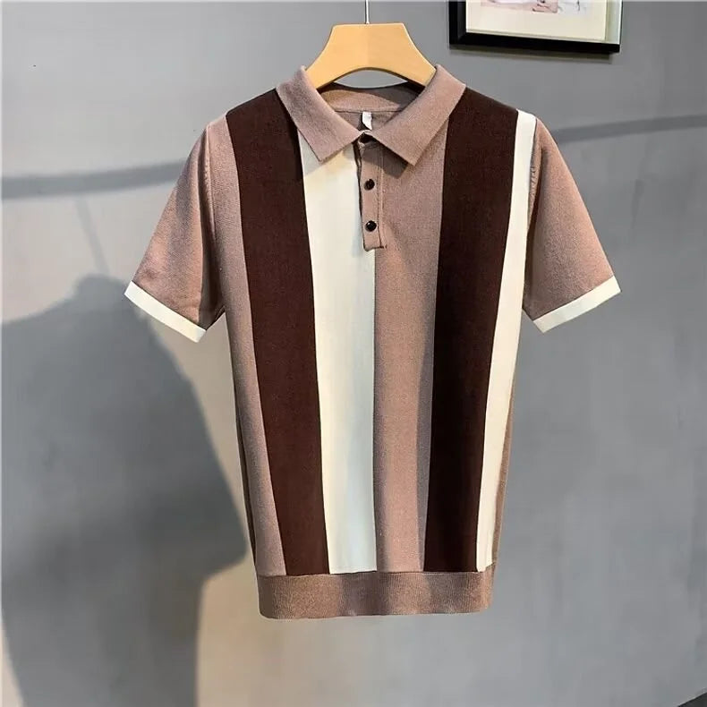 Summer New Ice Silk Stripe Lapel Short-sleeved Sweater Men's Fashion Youth Trendy All-match Casual Trendy Top
