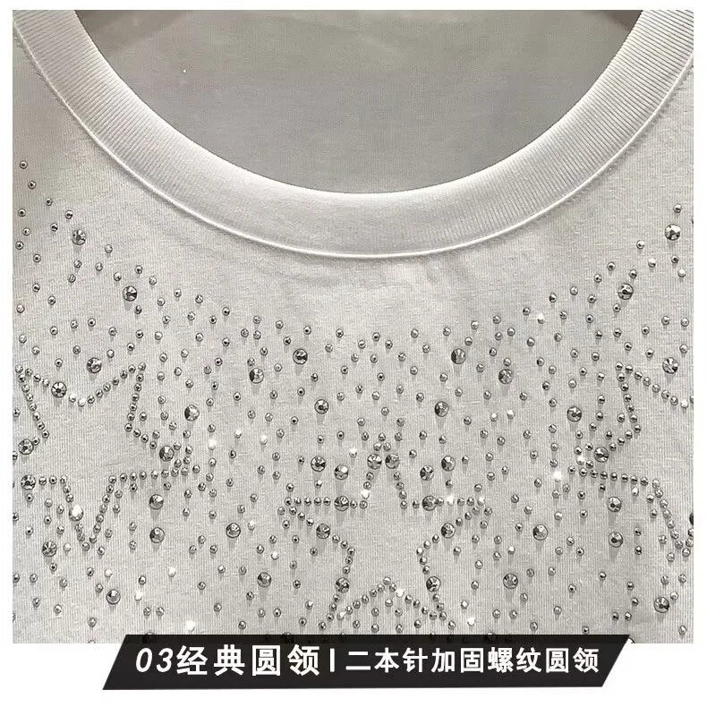 Cotton Rhinestone Collar Short Sleeve T-shirt Fashion Oversized Hip-Hop Heavy-Duty Cotton Men's T-shirt