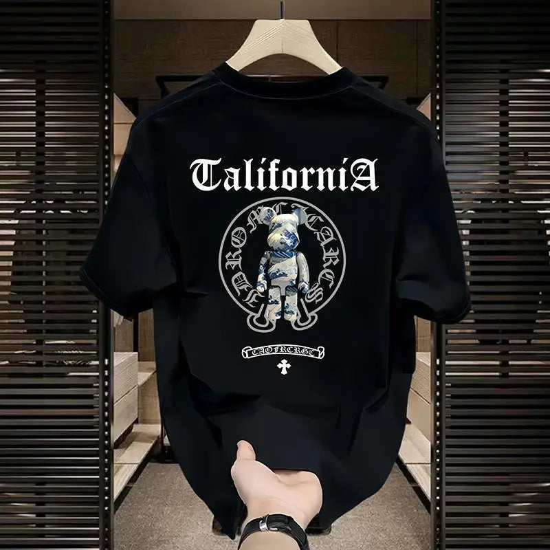 Cotton Men's Heavy Cotton T-shirt New Casual Fashion Loose Bear Printed Half Sleeve Top