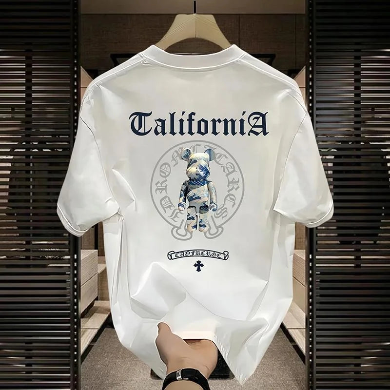 Cotton Men's Heavy Cotton T-shirt New Casual Fashion Loose Bear Printed Half Sleeve Top