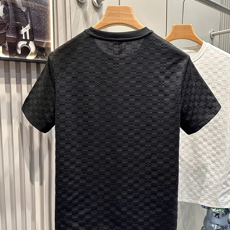 Summer Plaid Short-sleeved Men's Light Luxury Temperament Solid Color Casual Versatile Round Neck T-shirt Tops