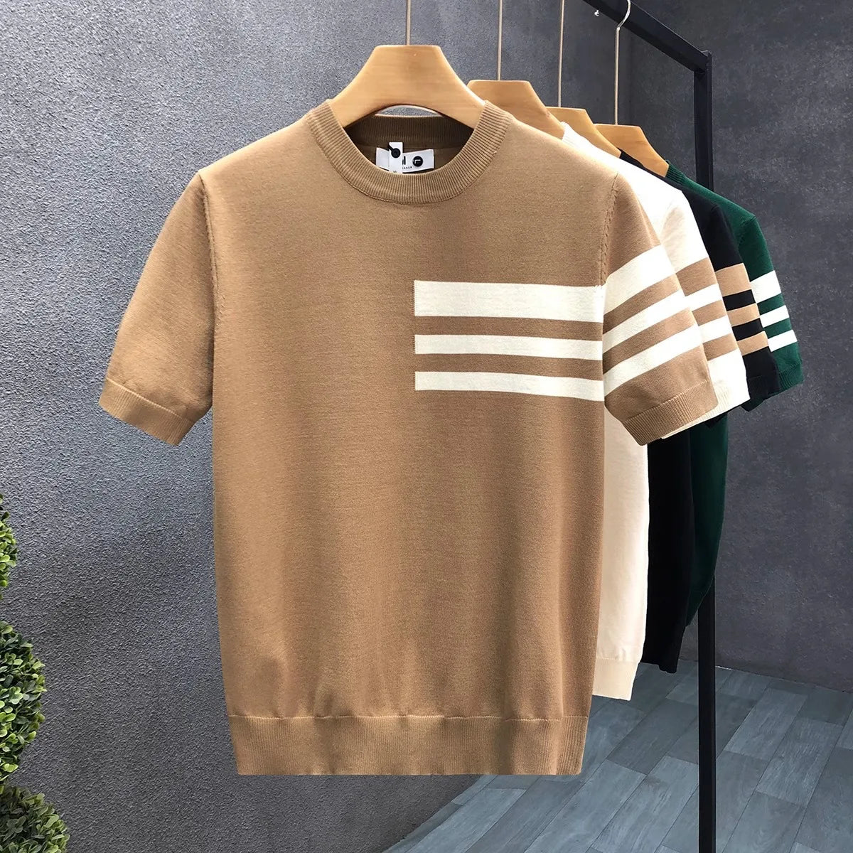 Men's New Summer Short-Sleeve Striped Minimalist Business Smart-Casual Slim-Fit Ice Silk T-Shirt