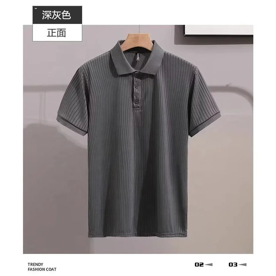 High Quality Men's Short Sleeve Polo Shirts Quick Dry Stripe Prints with Button Decoration Quality Polyester Fabric for Men